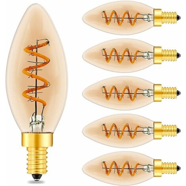 Vintage E14 Led C35 ljusglödlampa, 3W spiralglödtråd dimbar E14 LED-lampa, bärnstensfärgad glas, 2200K varmgul ledlampa, paket med 6