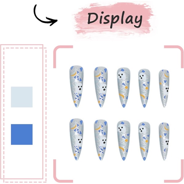24 stk. Halloween falske negle lange, mandelformede franske falske negle søde spøgelsesmønster tryk på negle