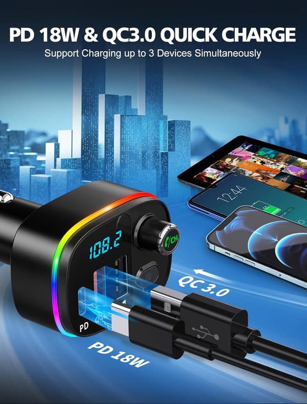 Bluetooth 5.3 Biladapter, QC3.0 & PD 18W USB C Billader, 9 RGB Bakgrunnsbelyste Bluetooth-mottakere for Bil