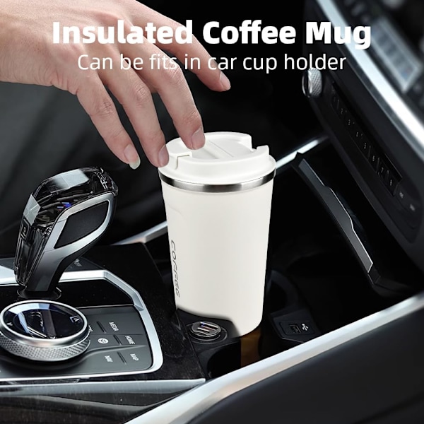 Reseförvaringsmugg för kaffe, 380 ml Isolerad kaffekopp med läckagesäker lock, Återanvändbar dubbelväggig vakuumtermosmugg i rostfritt stål