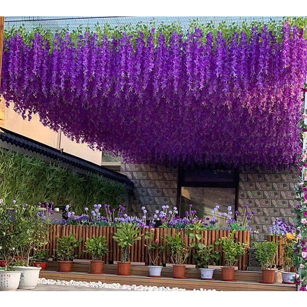 Falska hängande blommor 12 st 3,75 fot/st konstgjord Wisteria vinranka Ratta hängande girlang för fest bröllopsdekor (lila)