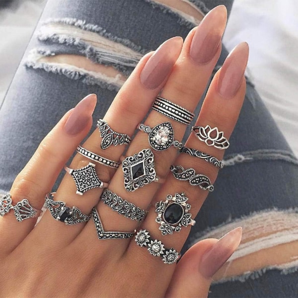 Crystal Ring Silver Joint Knuckle Rings Set Stacking Jewelry Ring for Women and Girls(15Pcs)