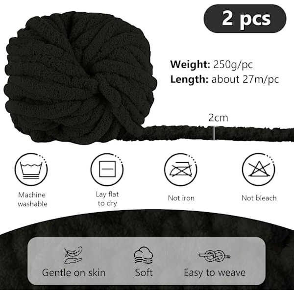 500g (250gx2) Chunky Garnboll ca 54m Chenille Chunky Pälsgarn Mjuk Ull Chunky Garn Mjuk Stickgarn för Virkade Filtar Halsdukar Hattar black