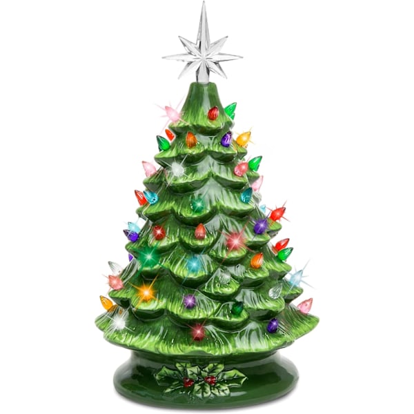 15in Ceramic Christmas Tree, Pre-lit Hand-Painted Tabletop Holiday Tree, Star Topper, 64 Lights - Green w/Multicolored Bulbs