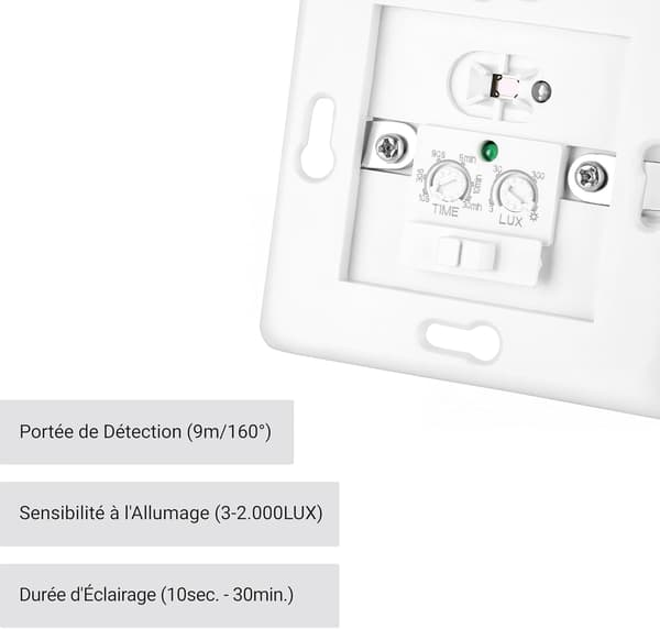 Indendørs bevægelsesdetektor, forsænket vægmontering, egnet til LED, infrarød sensor, programmerbar, 9m/160° rækkevidde