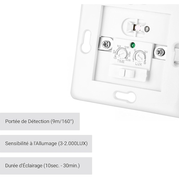 Inomhus Rörelsedetektor, Infälld Väggmontering, Lämplig för LED, Infraröd Sensor, Programmerbar, 9m/160° Räckvidd
