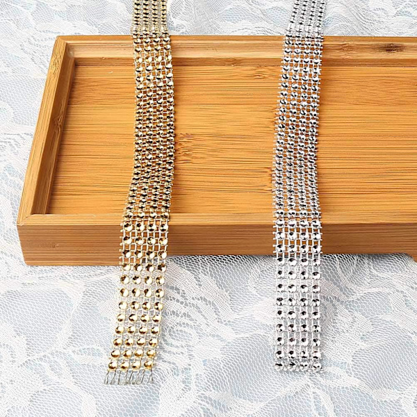 Akryl Rhinestone Diamantband, 2 Rullar Rhinestone Band 4 Rader 10 Yard/Rulle Diamant Glittrande Nätband （Guld och Silver）