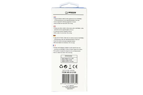 Biloplader Lightning-kabel 1,2 m 12-24 V