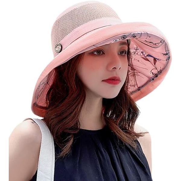 Kvinnors Mesh Solhattar Sommar Strand UV-skydd UPF Packable Bred Brätte Hakrem pink