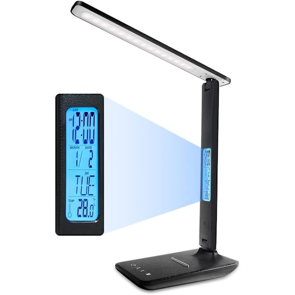 Dimbar LED-bordlampe, 3 moduser/ 5 lysstyrkenivåer/LCD-skjerm/alarmklokke/temperatur og kalender, øyebeskyttende berørings-LED-skrivebordslampe Black