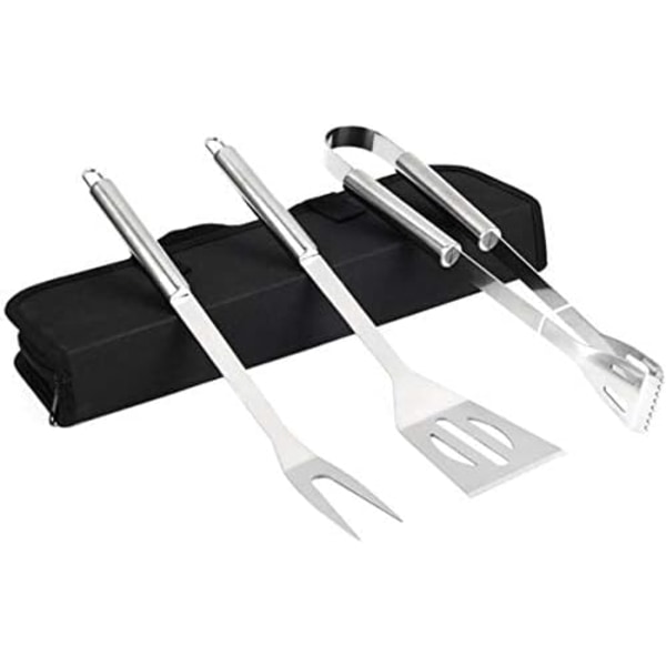 3 stk. BBQ Grill Værktøjssæt, Grillredskabssæt i rustfrit stål med bæretaske, spatel, tang og gaffel BBQ værktøj