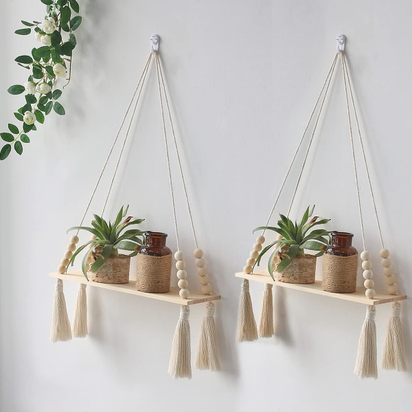 2-pack trä vägghängande hyllor - Macrame hängande växthylla med tofs, Boho förvaring flytande hyllor Handgjord stativhållare