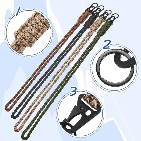 4 kpl raskaan sarjan lanyardia metallisella Hk-klipsillä, punottu vahva paracord-avaimenperä