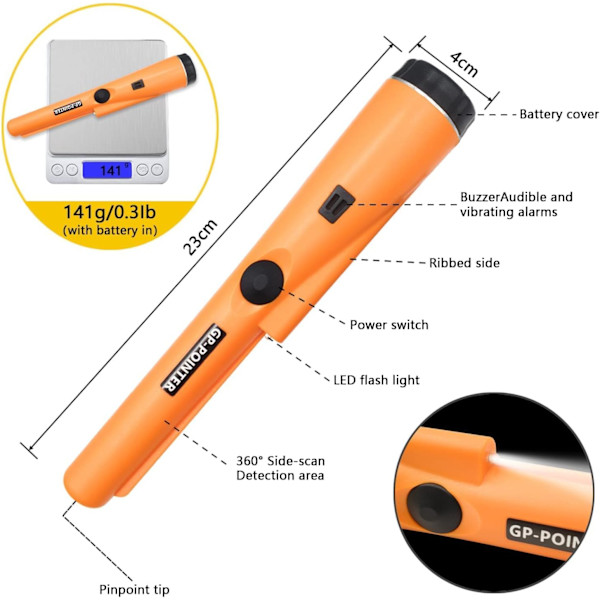 Bärbar metalldetektor, 360° scanning, vattentät med inbyggd LED-indikator/larmljus/9V-batteri, för guldmyntjakt, smycken