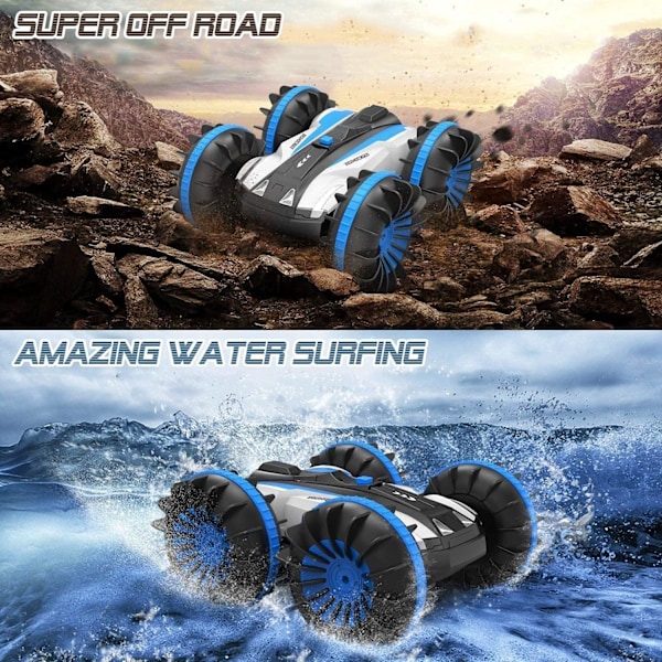 Amfibisk fjernstyret bil til børn, vandtæt 4WD 2.4Ghz stunt RC bilbåd med 360° roterende og vippe RC lastbil, Off Road Rock Crawler, Blå