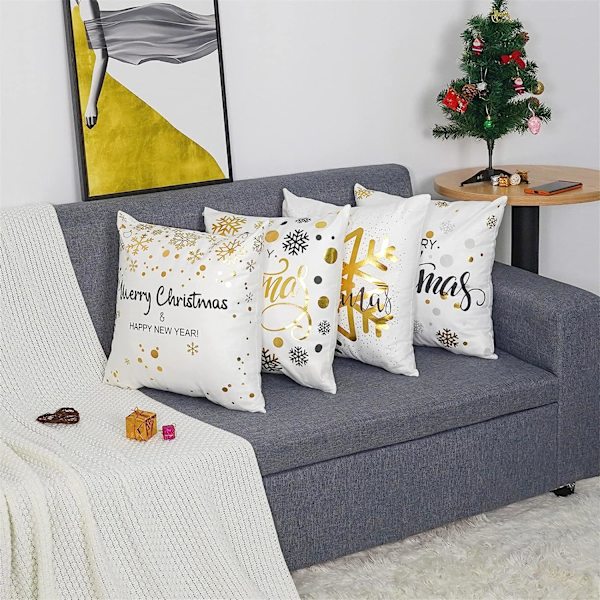 Guld Jul Kuddfodral, Stämpeltryck Kuddfodral, Satäng Vit Kuddfodral