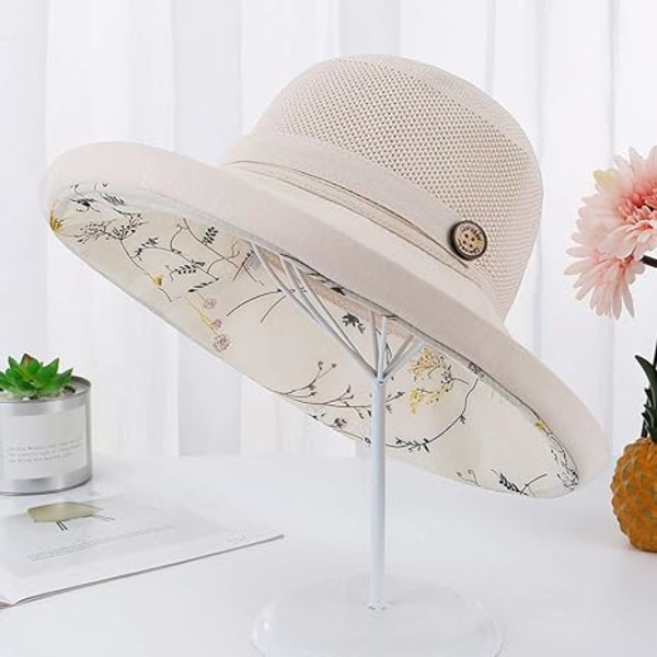 Kvinnors Mesh Solhattar Sommar Strand UV-skydd UPF Packable Bred Brätte Hakrem beige