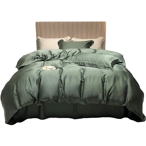Sengesett, ensfarget silkefarget dobbeltsidig Tencel firedelt dynetrekk isark naken silke sommer, (200x230cm) Green-1