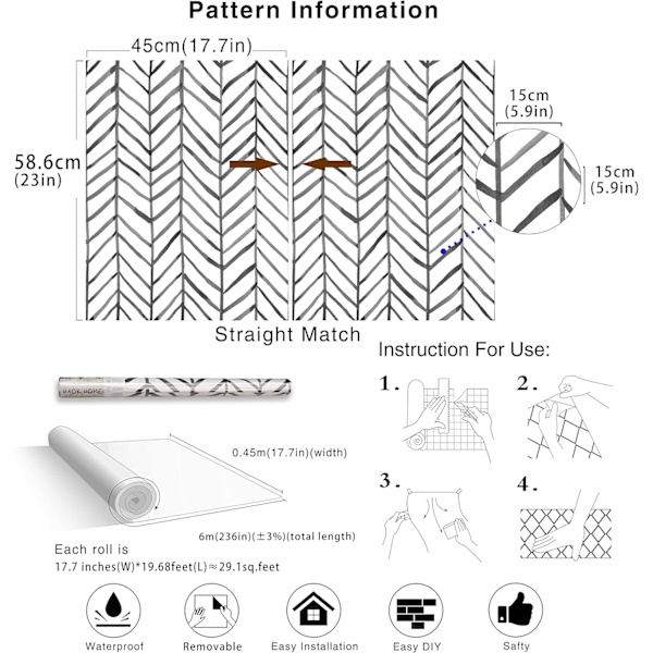 Moderni raidallinen irrotettava ja liimattava tapetti Herringbone mustavalkoinen vinyyli koristeellinen 17,7 tuumaa x 19,7 jalkaa A
