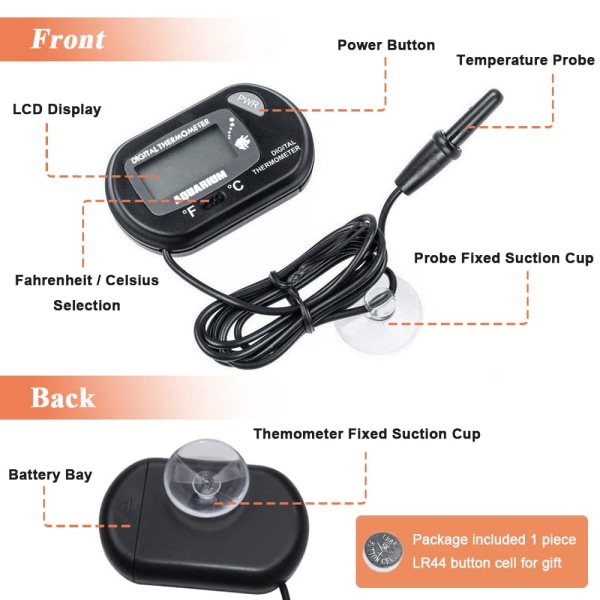 Akvarie Termometer, LCD Digital Elektronisk Termometer med Sugeskål Vann Termograf