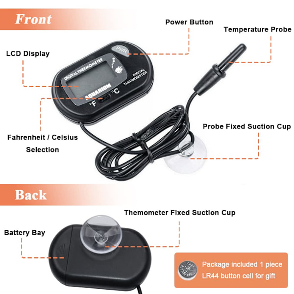 Akvarie Termometer, LCD Digitalt Elektronisk Termometer med Sugekop Vand Termometer