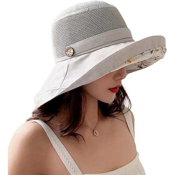 Kvinners Mesh Solhatter Sommer Strand UV Beskyttelse UPF Pakkbar Bred Brede Hakesnor gray