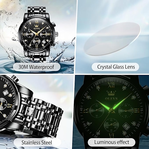 OLEVS Herre Chronograph Klokke, Vanntett Multifunksjonsurskive med Dato Diamantklokker for Menn Black Dial/Black Band