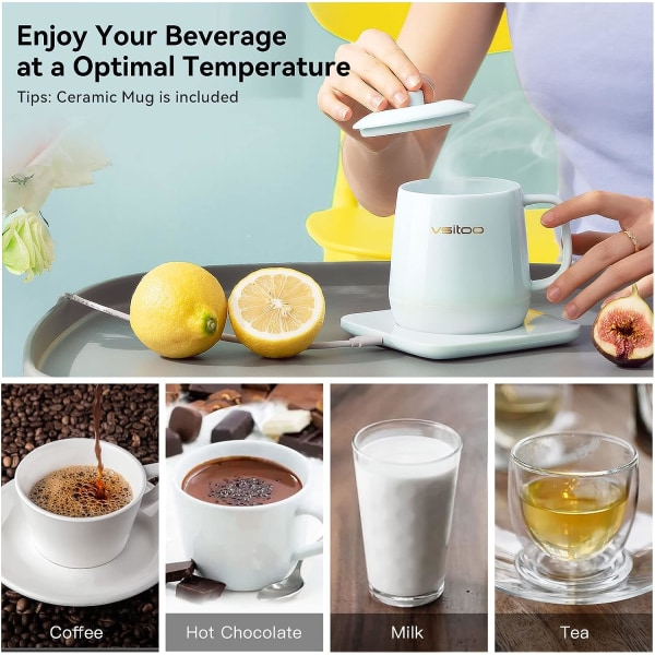 Kaffekoppsvärmare och muggset, apptemperaturkontroll smart mugg för bordsskiva, uppvärmd keramisk kaffemugg med automatisk avstängning, IPX7 vattentät