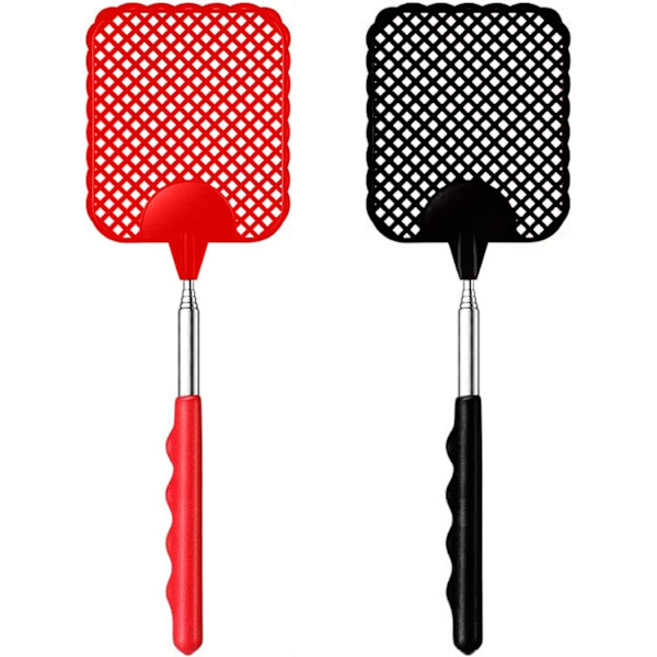 Kaksi kappaletta jatkettavia kärpäsläpystimiä, ruostumattomasta teräksestä valmistetulla teleskooppivarrella 28,5 cm - 75 cm (musta ja punainen)