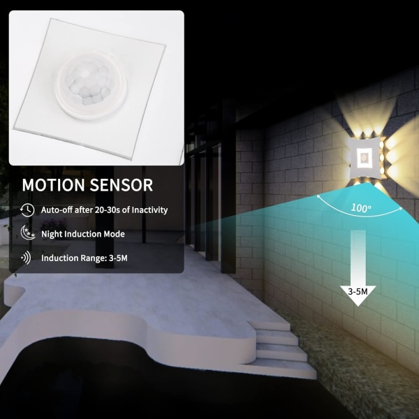 18W LED Moderne Udendørs Indendørs Væglampe med PIR Bevægelsessensor, 3000K Varm Hvid Have Aluminium Væglampe, Hvid