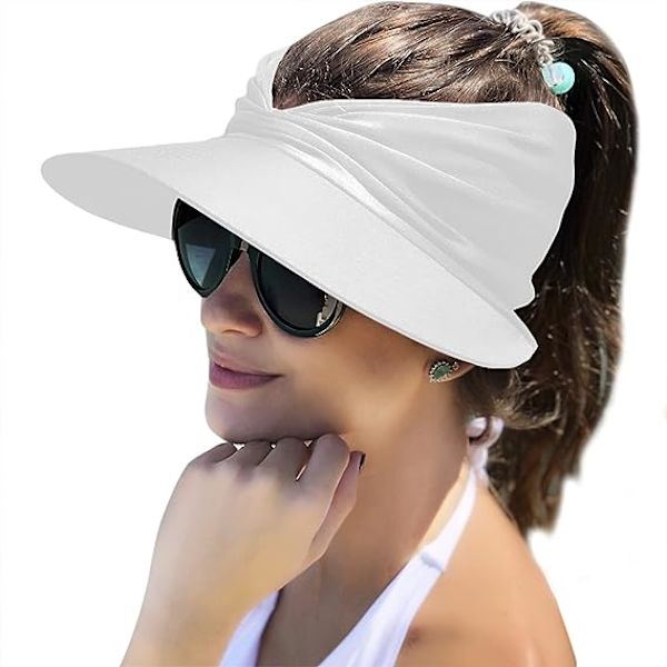 Dam solskydd keps bred brätte sommar UV-skydd strand sport keps，vit