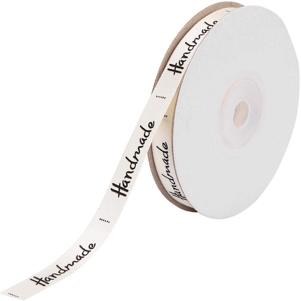 25 meter bomullsband, 1 cm bred HANDMADE bokstav bomullsband presentförpackning satin för hantverk presentdekoration (beige)