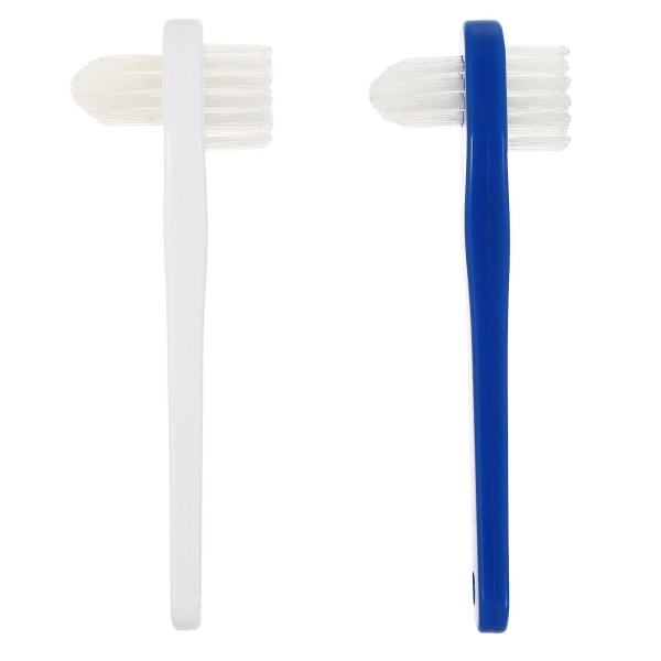2 förpackningar dubbelhårig tandborste för tandborste T-formad specialtandborste för rengöring av tandproteser (vit + blå)