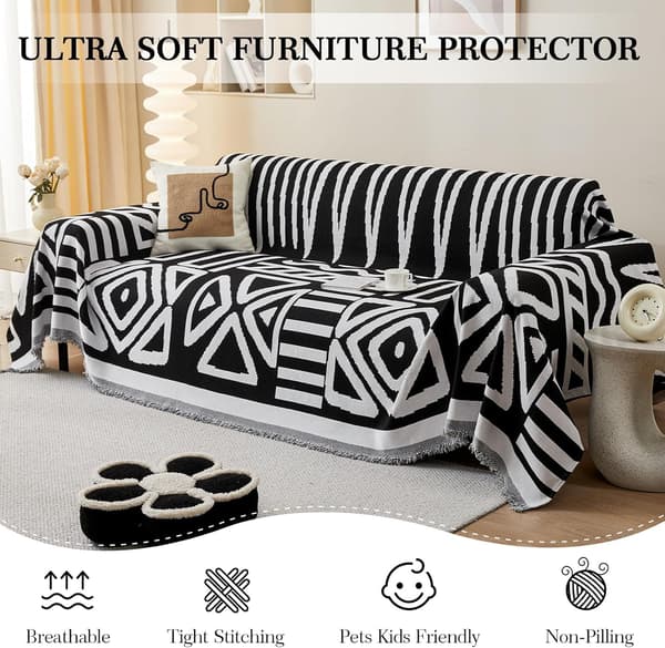 Boho sofatrekk for 4-seter, helårsbeskyttende sofatrekk for hunder, sofatrekk for toseter futon med dusk, Boho svart, 180*260cm 180*380cm Boho Black
