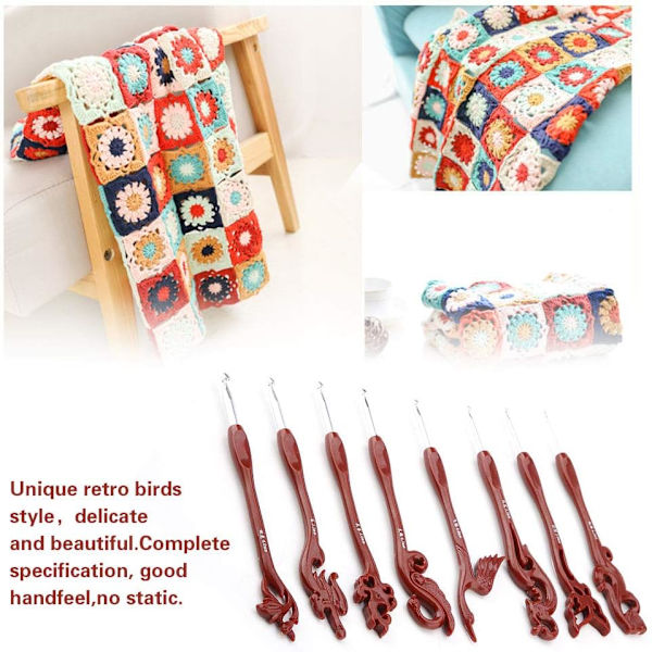 Retro virknålsset, 8 st retrofåglar unika virknålsset stickningsverktyg med släta nålar ergonomiskt handtag