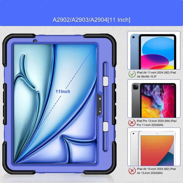 Etui til iPad Air 11 (2024) med støttefod, håndledsrem, PC+Silikone Tablet Cover - Sort+Blå