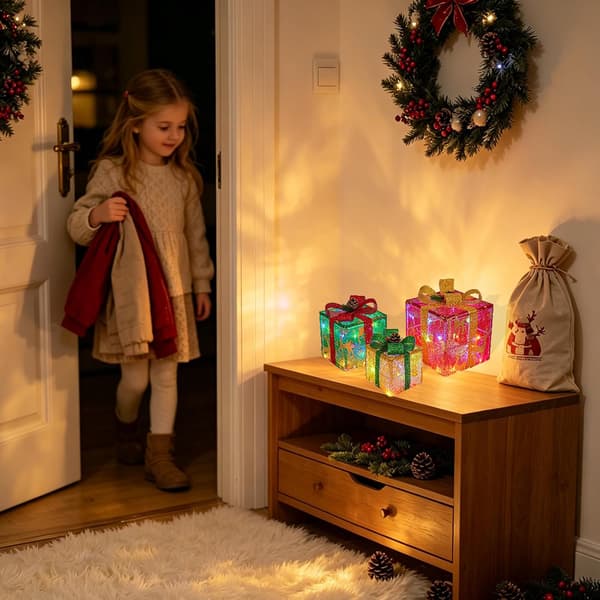 Set med 3 julbelysta presentaskar med fjärrkontroll 50 LED varmvit 8 ljuslägen julbelysning batteridriven lysande presentask (multi) Multi
