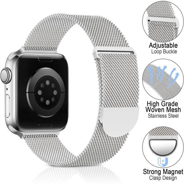 Metallinen ruostumattomasta teräksestä valmistettu ranneke, joka on yhteensopiva Apple Watch -rannekkeiden kanssa, säädettävä hihna magneettisella rannekkeella iWatch-sarjoille 7 6 5 4 3 2 1 SE unisex Sliver 38/40/41 mm