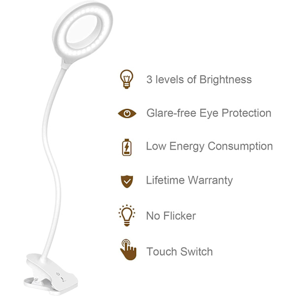 LED-skrivebordslampe, klemme på lys LED-ringlys læselampe med 3 farvetilstande, 9 dæmpere, 60 LED'er, 360° fleksibel svanehals