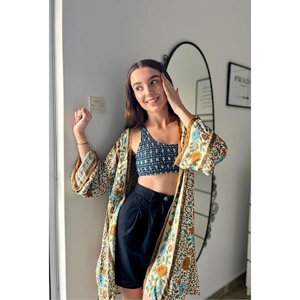 Naisten Kimono-neuletakki Boheemi Kukkakuvioinen Rantapeite 3/4 Hiha Sifonki Bikini Sarong Huivi Topit Style 5 2XL