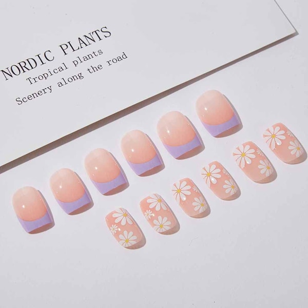 Franska Tip Press on Nails Medium, Lila Falska Naglar Kvadratiska Akryl Falska Naglar Blomdesign, Konstgjorda Naglar för Kvinnor och Flickor, 24 st
