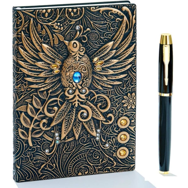 Embossed Leather Journal Writing Notebook  Travel Diary to Write in, Phoenix Gift For Men & Women, with Golden Classic Pen, (Bronze) Bronze 8.4x5.7In