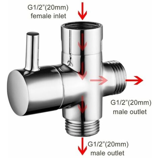 1-delad mässingsduschventil med T-adapter, G1/2\" duscharm 3-vägs avledningsventil, universell 3-vägs, mässing kromplätering, för kök badrum