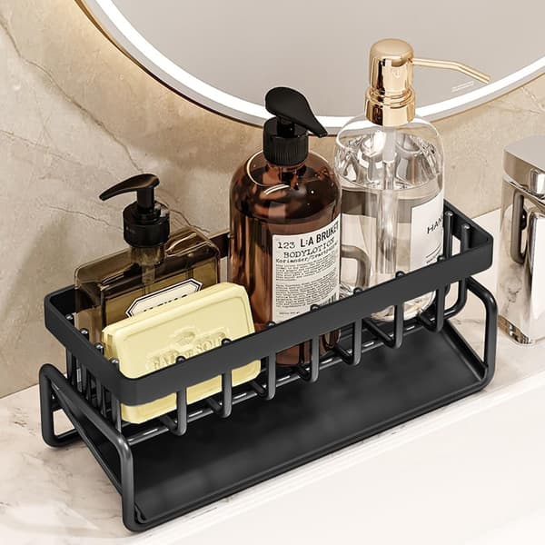 Sort Køkkenvask Organizer Multifunktionel 2 i 1 Svampeholder Ingen Boring Rustfrit Stål Vask Organizer