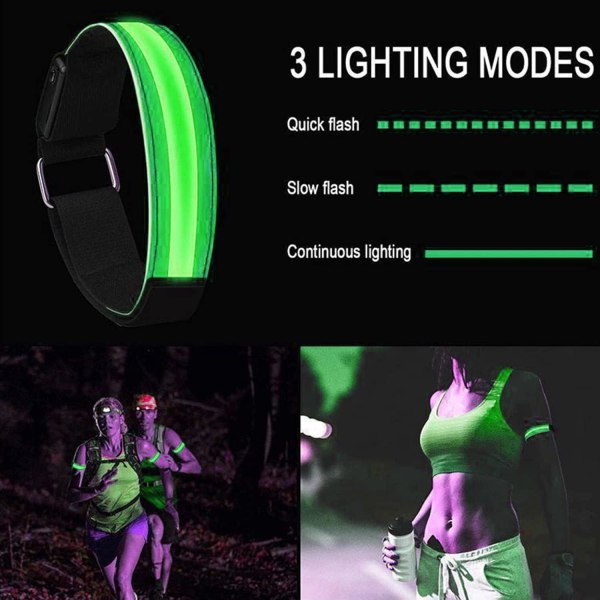 Löparljus för löpare, reflekterande löparutrustning, säkerhetsljus Uppladdningsbart LED-armband för jogging, promenader, camping utomhussporter (2-pack) Grön