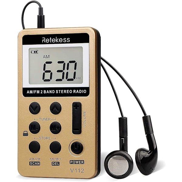 Retekess V112 AM FM bærbar lommeradio digital tuning stereo volum med hodetelefoner oppladbart batteri for gåtur treningsstudio (gull)