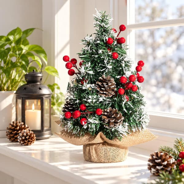 30CM Mini juletre borddekorasjon for hjemmekontor, snødekket furupynt til julefest
