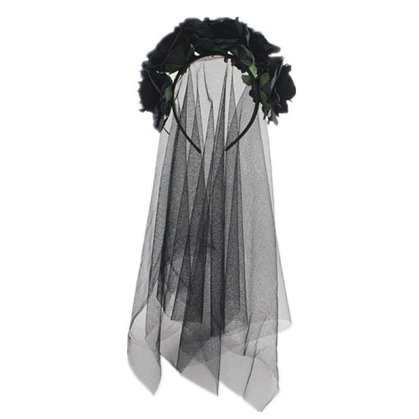 Langt slør, sort blomst Halloween pandebånd gotisk brude slør dag for de døde fest tilbehør voksen fancy dress hår tilbehør