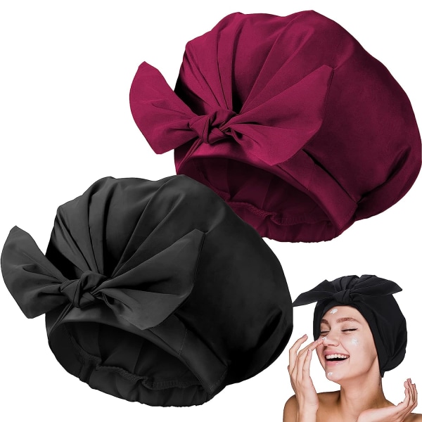 2 stk dusjhetter justerbar sløyfe badehette gjenbrukbar vanntett turban dusjhette badehette (vinrød, svart)