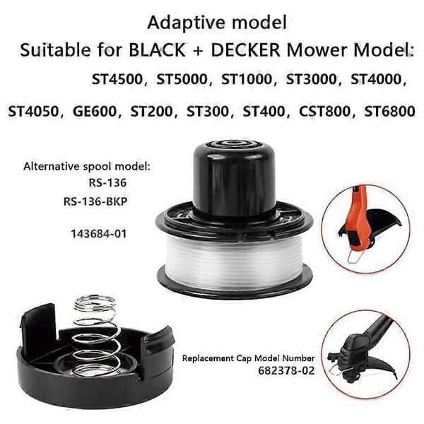 RS-136-BKP Spole + 682378-02 Spolelåg + Spolefjeder Kompatibel til Black and Decker Plæneklipper